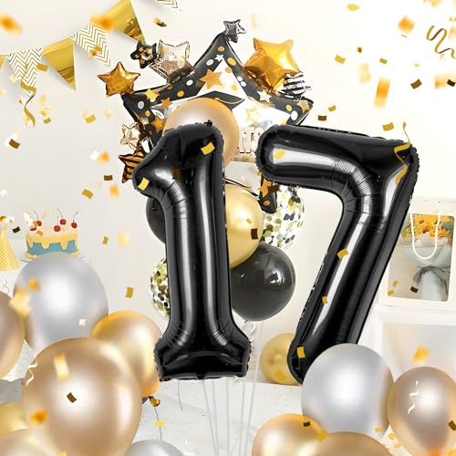 Globos de 17 cumpleaños,Negro 17 pulgadas Globo número, 17 decoraciones de Globo número cumpleaños para hombre y mujer, Globo inflable de lámina de Negro 17