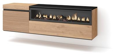 Skraut Home | TV-Schrank, Lowboard | für Wohnzimmer und Esszimmer | 150x45x35cm | Für TV-Geräte bis zu 65 | Elektrokamin. | Hängend | Moderner Stil | Eiche