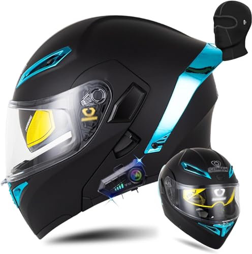 ZHTBATE Bluetooth Motorcycle Flip Up Helmet, ECE Approved Full Face Flip Up Front Modular Integrated Motorcycle Helmet with Anti-Fog Double Visor Built-in Speaker and Microphone for Adults