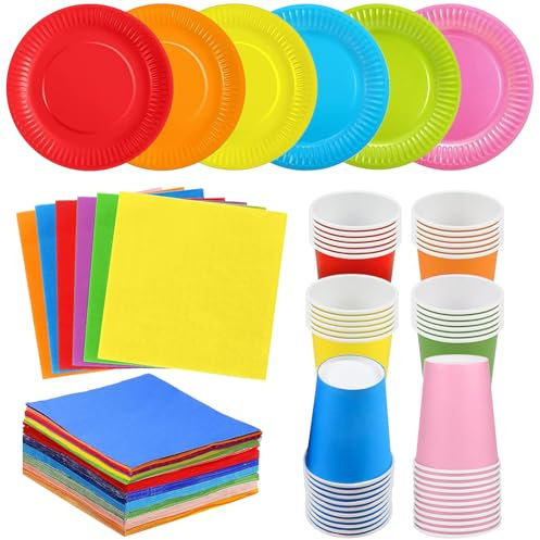 Set da tavola da 90 pezzi colorati arcobaleno per feste, piatti di carta, bicchieri, tovaglioli, piatti da portata multicolore, tovaglioli da 250 ml, bicchieri per fai da te, compleanni, vacanze
