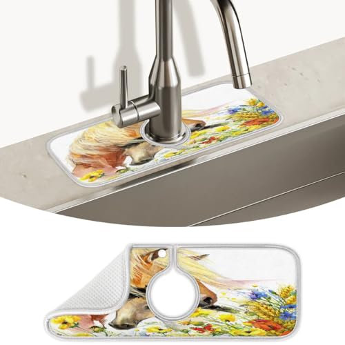 Spritzschutz für Küchenspüle, Motiv: Pferd, Schmetterling, Blumen, Küchenspüle, Wasserhahnmatte, Spritzschutz hinter dem Wasserhahn, Tropfenfänger für Küche, Badezimmer, 38,1 x 13,7 cm