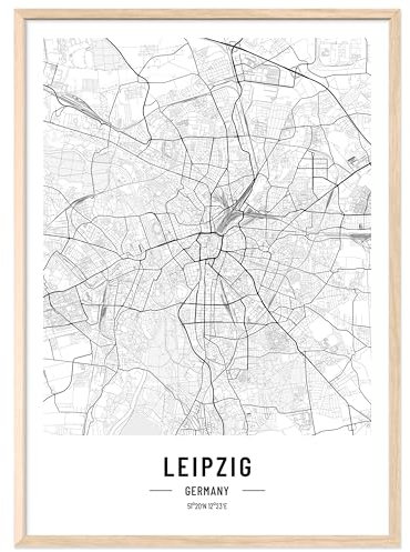 JUNOMI® Leipzig affisch 50 x 70 cm med naturram, vardagsrumsdekoration, modern väggmålning, Leipzig bild, väggmålning med ram, stadskarta affisch Leipzig, perfekt presentidé för Leipziger