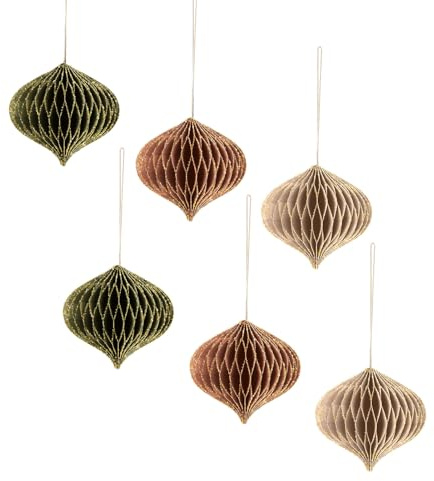 AOBKIAT Weihnachtsschmuck,6 Stück Grün,Braun Papier Hängende Ornamente | 3D Mini Papierwaben Christbaumschmuck mit Glitzerrand,für Weihnachtsbaum,Silvester,Heimdekoration