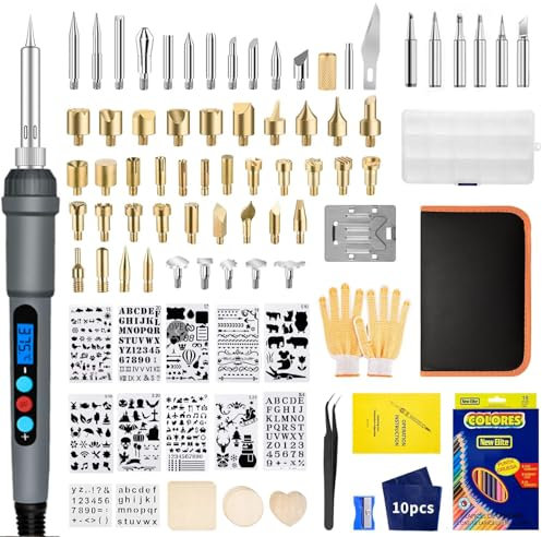 Brandmalerei Lötkolben Set 113PCS Lötset - Brandmalkolben Set 60W Einstellbare Temperatur 200-450°C Brennkolben,LED Anzeige,Lötkolben Holz,Brandmalerei mit Buchstaben und Farbige Buntsti