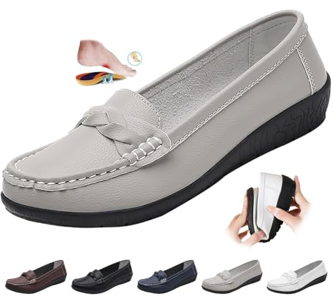 Mocasines ortopedicos para mujer en piel transpirable, de ajuste ancho, mocasines clásicos, zapatos de conducción, zapatos de trabajo, oficina, enfermería, gris, 41 EU