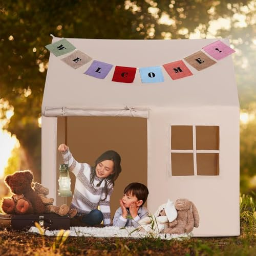 Goutime Kids Play House Tent –Cute Toddlers Playhouse Toys House for Grils Boys Birthday Gift (Beige one Window)