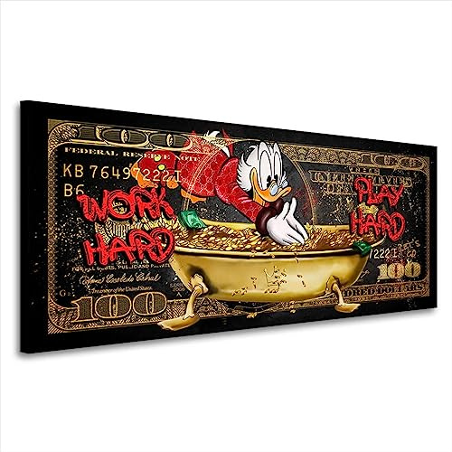 Kunstgestalten24 Dagobert Dollar Work Hard Bild Pop Art Style Leinwandbild | Kunstdruck | Wanddeko | Street Art | Gemälde | Comic Bilder | Wandbild Leinwand Modern 150x60x2cm