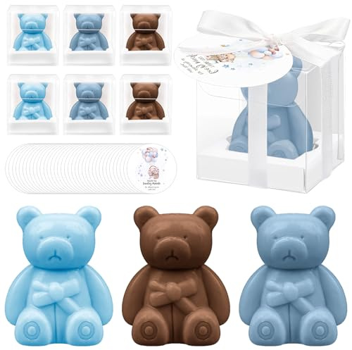 36 Pack Mini Bear Soap Favours with Boxes & Thank You Cards, 3 Colours | Small Bear Baby Soaps Bulk with Ribbons for Weddings, Baby Shower, Gender Reveals, Parties Gifts