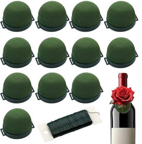wokdsbl Lot de 12 mousses florales rondes vertes avec point adhésif et fil de fleurs de 23 m - Pour fleurs fraîches, mariage, fête, bouteille de vin, boîte cadeau, bricolage floral