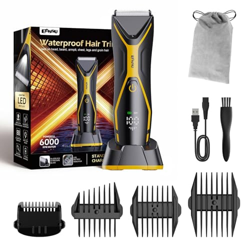 Intimrasierer Mann, IPX7 Wasserdichte Körperrasierer Herren Trimmer Body Elektrorasierer w/Licht, Body Groomer Men Haarschneider Herren Haartrimmer mit Typ-C Aufladen, LCD Display (Schwarz/Gelb)