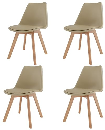 Arreditaly Set Di 4 Sedie Per Sala Da Pranzo Ufficio Con Gambe In Faggio Legno Massello Massiccio Stile Nordico Scandinavo Comoda Seduta Imbottita Ideale Per Soggiorno Sala Riunione (Beige)