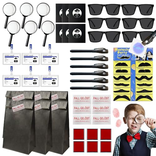HuaMuDM 60 Pezzi Bambini Giocattolo Detective,Kit Spionaggio Gioco Detective per Bambini,con penna UV,taccuino, lente d'ingrandimento giocattolo,carte d'identità con clip,tampone per impronte digitali