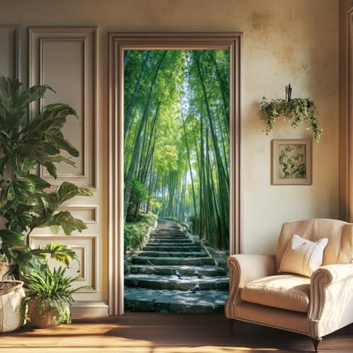 arricraft 2 fogli di adesivi per porta con foresta di bambù, 80 x 200 cm, motivo natura verde, adesivi per porte, in PVC, rimovibili, decorazione per camera da letto e soggiorno