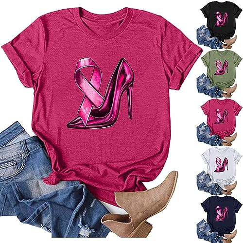 Tee Shirt Femme Octobre Rose, 2025 Cancer du Sein d'Octobre T-Shirt à Manches Courtes pour Femme Haut Élégant Top, Ruban Rose de Sensibilisation, Grande Taille Sexy Tshirt
