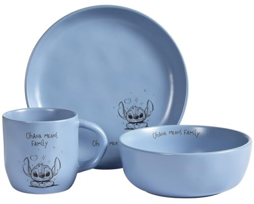 FYRKLÖVERN Disney Stitch & Angel Geschirr-Set 3-tlg. – Offiziell lizenziert – Steingut, Tasse, Teller & Schale (Blau)