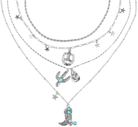 Mikovivi 4pcs Collier Western Femme, Colliers à Breloques Empilables en Alliage Qualité Supérieure avec Motif Bottes Cow-Girl Western Accessoires Bijoux Élégants pour Femmes (Argent)
