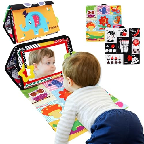 TOSUTO Baby Spiegel Spielzeug,Stoffbuch für Neugeborene,Sensorische Bücher für Neugeborene mit Spiegel,Faltbarer mit Knisterbuch,Beißring,Ideal für Babys 0-12 Monate