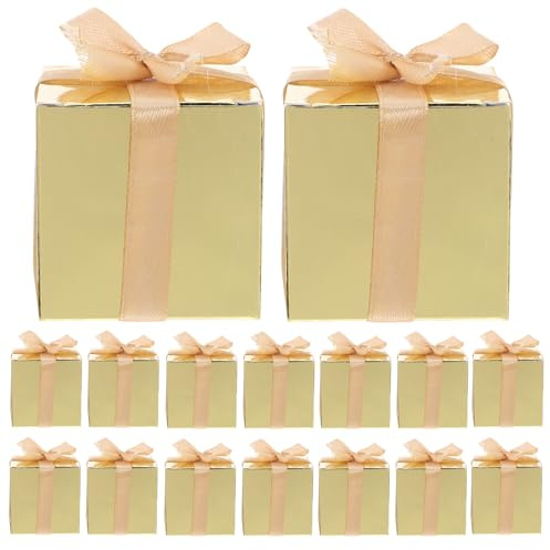 Happyyami 50 st bröllopspresentaskar: Guldfärgade 5 cm fyrkantiga chokladaskar - Elegant presentförpackning med band för födelsedagsfester