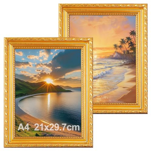 2er Set Bilderrahmen A4 Gold, 21x30CM, Leiste: 24x24MM, Vintage Rahmen mit Ständer und Wandaufhängung für Hoch und Querformat Bilderrahmen mit bruchsicherem Acrylglas für Wand oder Tischaufsteller