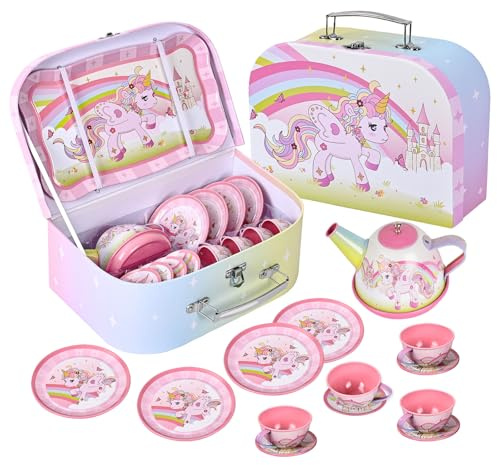Fairy Toona Unicorn Tea Party Set for Little Girls Ages 3-6, 15-Piece Pretend Play Kitchen Toys with Teapot, Cups, Plates & Storage Case, Princess Gift Set