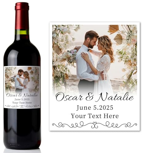 Étiquettes Personnalisées pour Bouteilles de Vin - Avec Photo et Texte - Idéal pour Mariages, Anniversaires, Fêtes et Célébrations - Lot de 4 Étiquettes Imperméables pour Bouteilles Standard