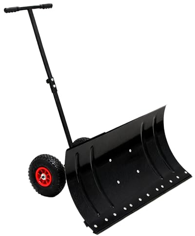 EIN-Stiel Schneeschieber mit Rädern, 5-stufig Höhenverstellbar (107-27.5 cm) - Extra Breite 74 cm Schaufel aus PE-Material, Klappbar und Leicht für Müheloses Schneeräumen auf Auffahrten