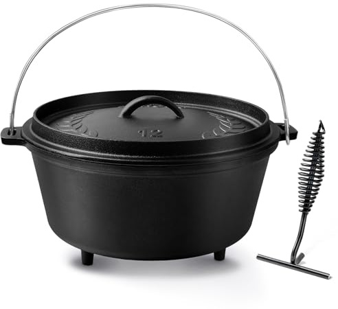 Blingco 8QT Pre-Seasoned Cast Iron Camp Dutch Oven with Lid, Large Camping Dutch Oven Pot, incl. Lid Lifter - Dual Handles - for Outdoor Campfire, Grill, Oven & Stovetop Cooking-Black