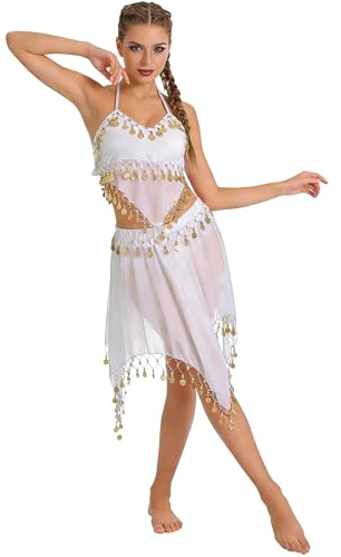 Wildarms Disfraz de Danza del Vientre de Carnaval Mujer Conjunto 2 Piezas Top y Falda con Lentejuelas, Traje Premium para Fiesta y Escenario (FR/ES, Letras, Talla única, Regular, Regular, Blanco)