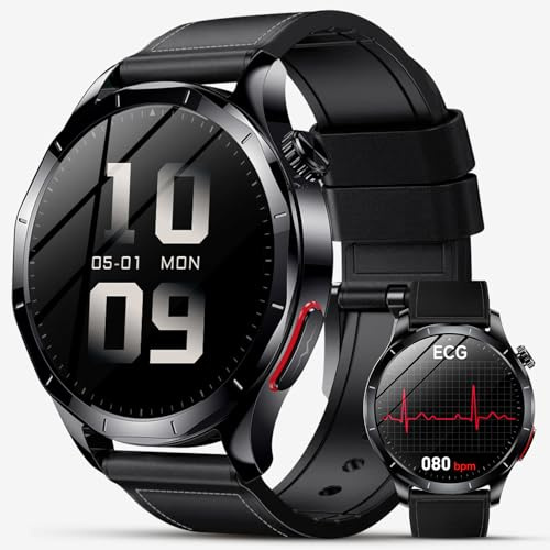 Lgnitek Smartwatch Herren mit EKG+HRV/Blutdruckmessung/BMI, 1,43 Zoll AMOLED Gesundheitsuhr mit SOS-Notruf, 24/7 Herzfrequenz/Schlafmonitor/SpO2, Android/iOS (Schwarzes Leder)