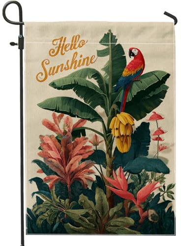 Drapeau De Pirate Feuilles De Bananier Perroquet Rouge Vif D'Été Tropical Drapeaux Avec Œillets Double Couture Suspendus Fanion Pour Manif Fête Restaurant 70X102Cm