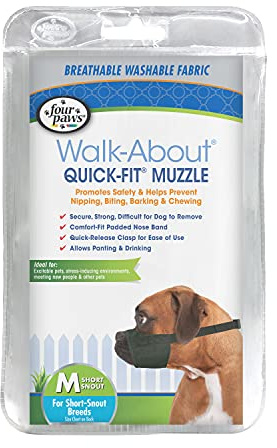 Four Paws Walk-About Quick-Fit Short Snout Adjustable Dog Muzzle for Medium Dogs, Washable & Breathable, Black, 1 Count