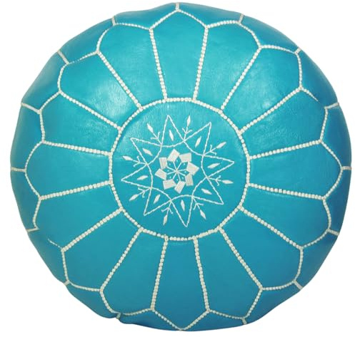 ALMADIH Leder Pouf marokkanische Sitzkissen türkis weiße Ziernaht rund gefüllt formstabile Füllung Sitzsack Ottoman Sitzpouf orientalische Fußhocker Hocker Sitz Bodenkissen hell blau (Pouf türkis)