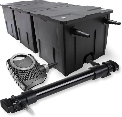 SunSun Komplettset: CBF-350C Teichfilter bis 90000 L Teichfilteranlage als Durchlauffilter, NEO10000 SuperECO Teichpumpe 10000l/h 80W, CUV-672 Teichklärer UVC Klärer mit 72W