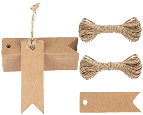 G2PLUS Klein Kraftpapier Etiketten Tags - 7x2 CM Geschenkanhänger Mini - 100Stk Anhänger Etiketten mit Jute-Schnur (Braun)