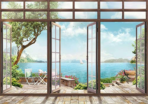 wandmotiv24 Fototapete Große Fenster Ausblick auf Wasser, XL 350 x 245 cm - 7 Teile, Wanddeko, Wandbild, Wandtapete, Landschaft Natur M6133