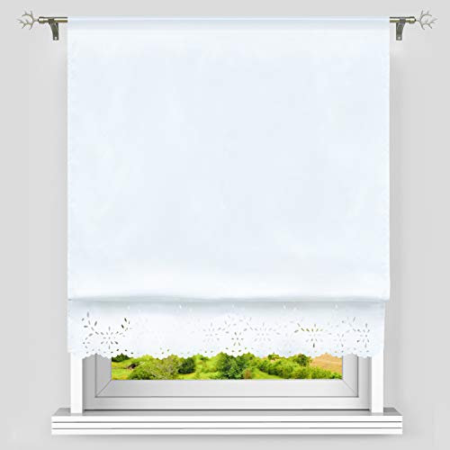 Heichkell Raffrollo mit Tunnelzug Küche Raffgardine Blickdichtes Bändchenrollo Schöne Gardinebordüre aus Hohlspitzen Weiß BxH 140x150cm