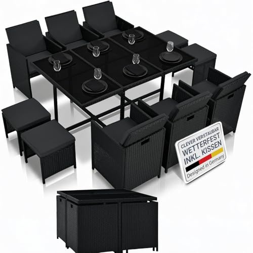 Juskys Polyrattan Sitzgruppe Baracoa XL 11-teilig wetterfest & stapelbar - 6 Stühle, 4 Hocker, Tisch mit Glasplatte & Kissen - 10 Personen - Gartenmöbel Set für Garten & Terrasse