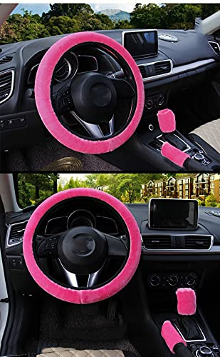 Universal Plüsch Auto Lenkradbezug Lenkradhülle 3 Stück Handbremse Schaltabdeckung Lenkradschoner Warme Winter Fell Lenkradabdeckung Lenkradhüllen Lenkrad Abdeckung Auto Zubehör für Damen,Rose