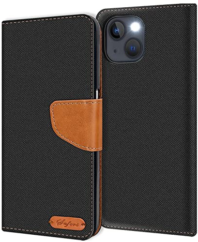 Verco kompatibel mit Apple iPhone 13 Mini Hülle, Schutzhülle für iPhone 13 Mini Tasche Denim Textil Book Case Flip Case Klapphülle, Schwarz