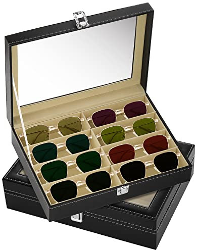 TOPZEA 2 Pack 8 Slots Sunglasses Organizer, PU Leather Eyewear Eyeglass Organizer Display Cases for Jewelry, Glasses Storage Holder Box, Lockable Watch Collection Case for Women, Men