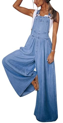chouyatou Women's Loose Adjustable Strap Wide Leg Denim Bib Overalls Baggy Distressed Jean Overalls Pants (X-Small, Blue)