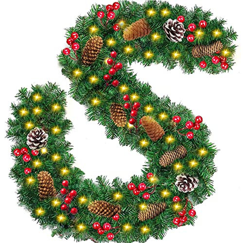 Frasheng Guirnalda de Navidad Verde, 2,7 Metros Guirnalda Decorada, Guirnalda Verde Navidad Artificial, con 50 Luces LED y Conos de Pino, Abeto Artificial Guirnalda de Ratán, para decoración del hogar