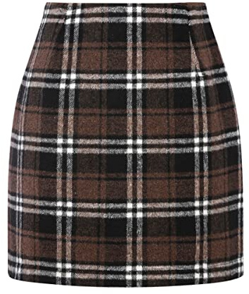 IDEALSANXUN Womens Fall Winter High Waisted Plaid Skirt Bodycon Pencil Wool Mini Skirts(Coffee, XL)