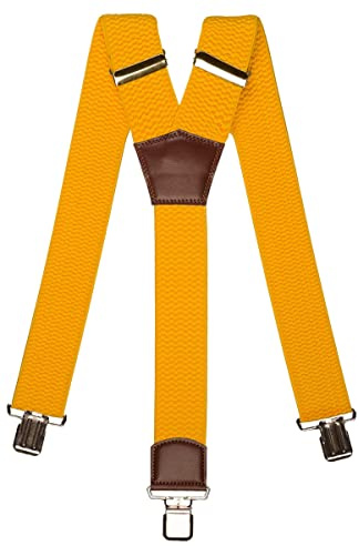 Olata Herren-Hosenträger in Y-Form, mit braunen Lederdetails, 50 mm | 50-mm-Hosenträger in Y-Form mit braunem Leder und starken Clips; sicherer Halt für Arbeit oder elegante Kleidung.