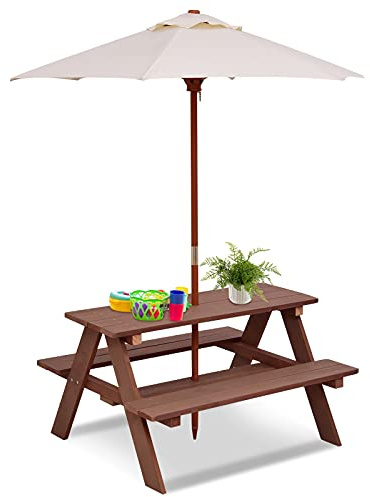 COSTWAY Table de Pique-Nique Enfants avec Parasol Amovible, Table de Jardin Extérieur avec Chaise en Bois, Bancs d’Activités pour Jardin Terrasse Patio,89x79x175cm (Naturel)