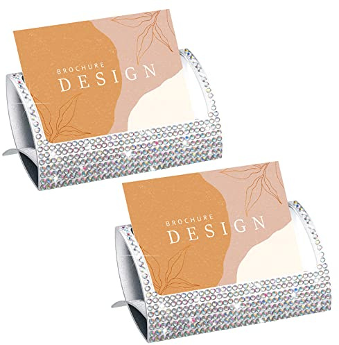 Fuutreo 2 Pcs Bling Aluminum Business Card Holder AB Color Name Card Display Desktop Rhinestone Table Business Organizer for Desk Display Stand Accessories (1 Groove)