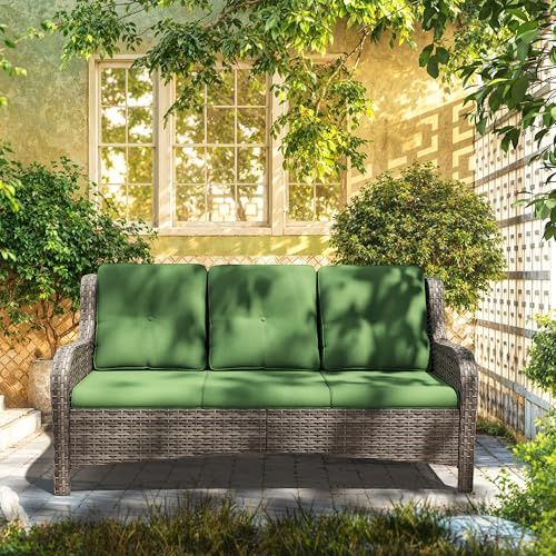 MeetLeisure 73'' Outdoor Patio Couch Wicker Sofa - 3 Seater Rattan Sofa for Outside Patio Garden with Deep Seating and Olefin Cushions(Mixed Grey/Green)