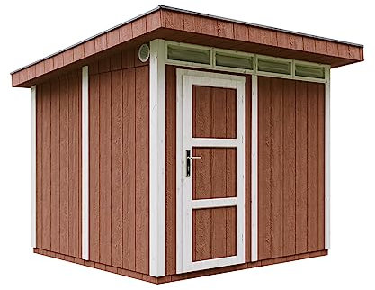 Gartenhaus Premium Qualität 5,9m² - L279xW293cm- All-Inclusive-Set mit Boden, Bitumen-Dachziegeln, Farbset- Hochwertiger Geräteschuppen aus Holzwerkstoffplatten LP Smartside - M903 Redwood RED