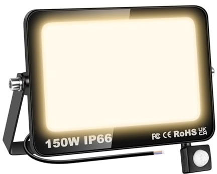 RIGIDON Faretto con Sensore di Movimento, 150W 15000 LM Fari di Sicurezza | 3000K Bianco Caldo, Impermeabile, Proiettore Faretti Led Esterno per Giardino Garage Patio Terrazza Cortile, Senza Spina