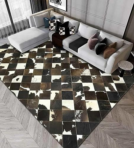 R&RENXIA Patchwork-Teppich aus Rindsleder, großer, hochwertiger Teppich aus echtem Leder mit echtem Tierfell für Retro-Moderne und Industrie-Dekor,180cm×240cm